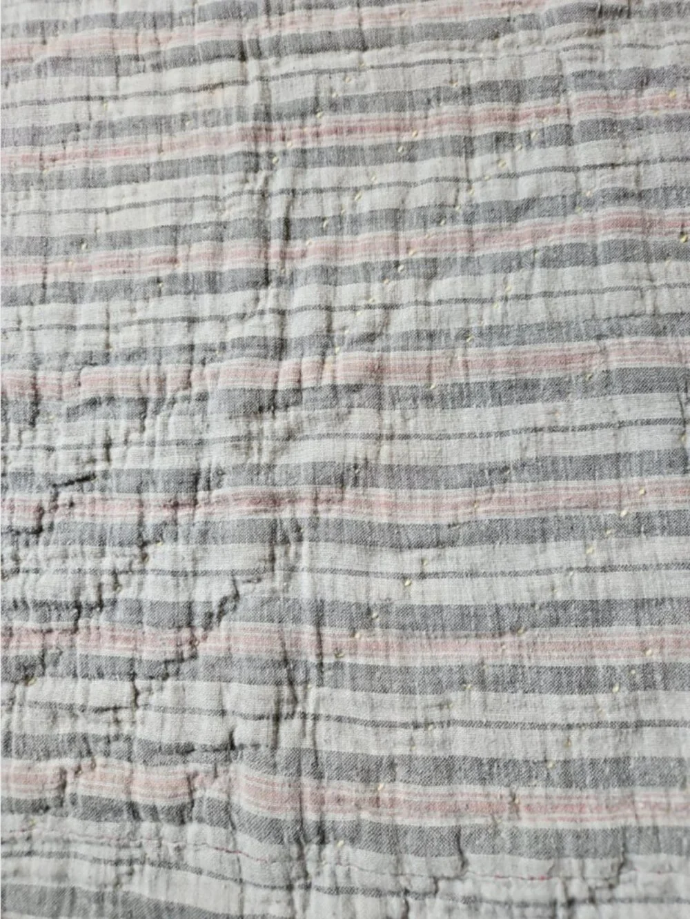 Antique 1920s Mens Wool Scrap Hand Sewn Quilt Stripe Ticking Back Yarn 58 x 75.5